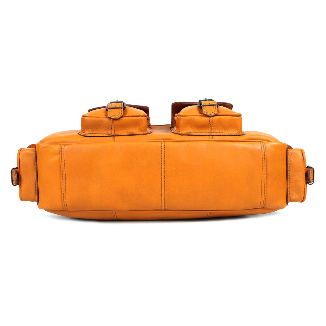 Orange leather duffel bag with two handles on a white background