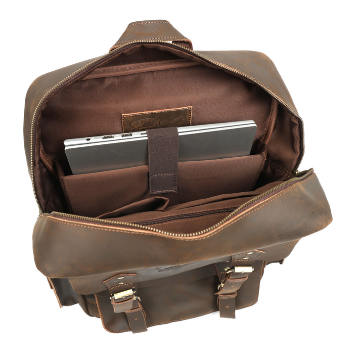 Brown leather backpack with a compartment holding a tablet on a white background