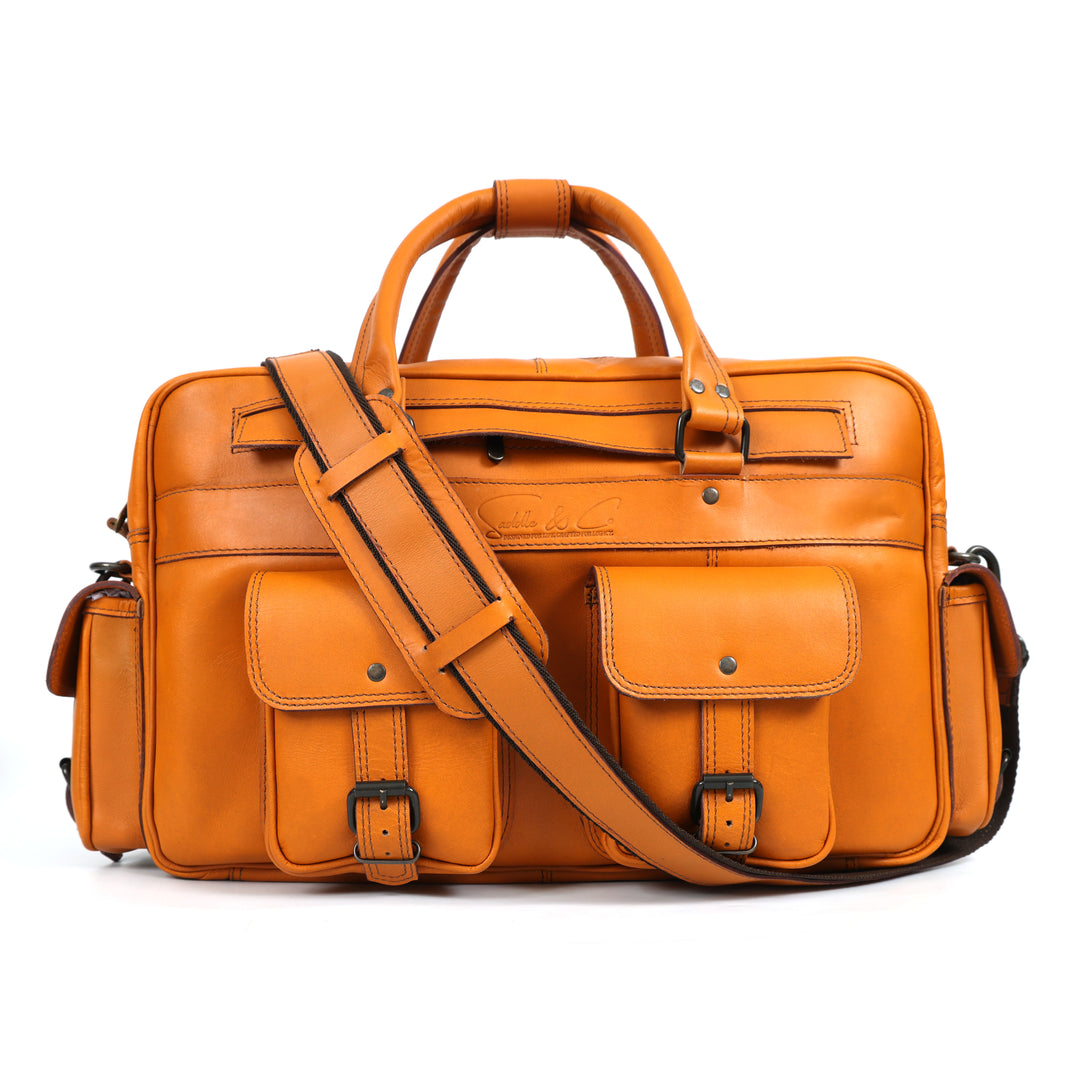 Orange leather briefcase with a shoulder strap on a white background