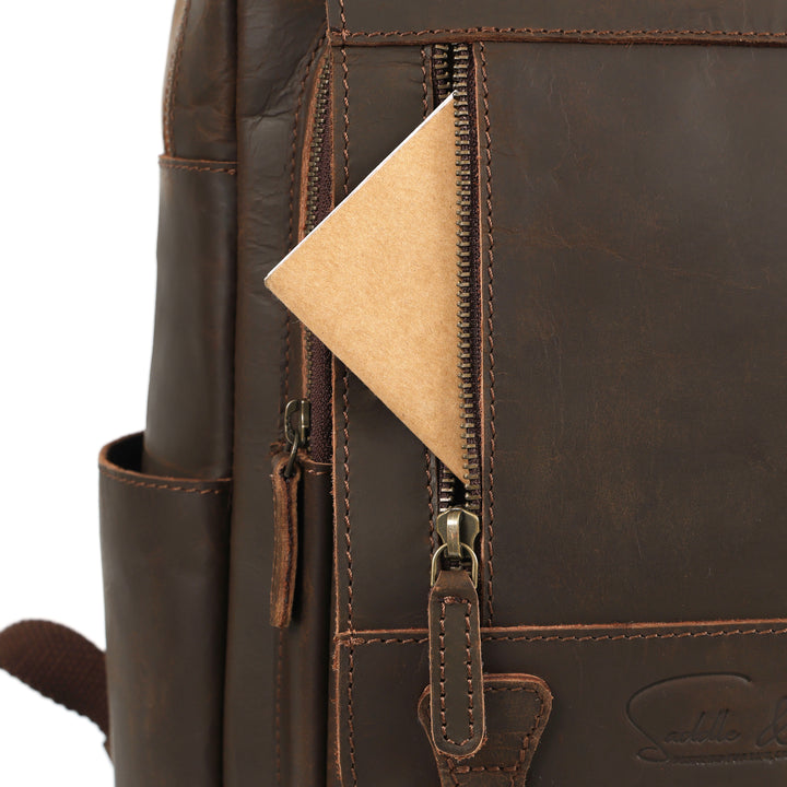 Close-up of a brown leather backpack with a zipper detail on a white background