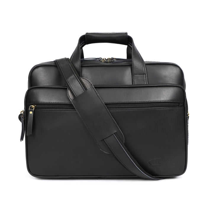 Black leather briefcase with shoulder strap on a white background