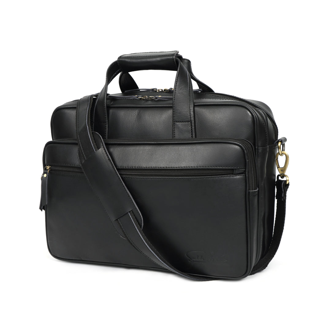 Black leather briefcase with shoulder strap on a white background