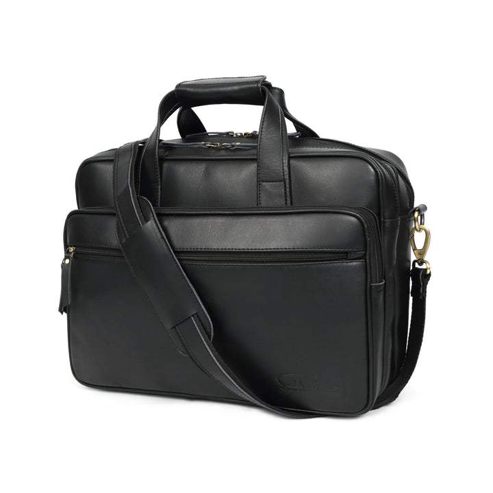 Black leather briefcase with shoulder strap on a white background