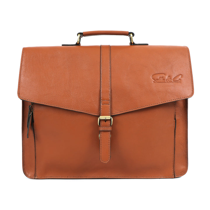 Brown leather briefcase with a strap and buckle on a white background