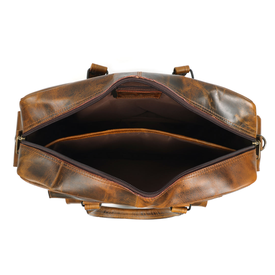 Brown leather bag with open top on a white background