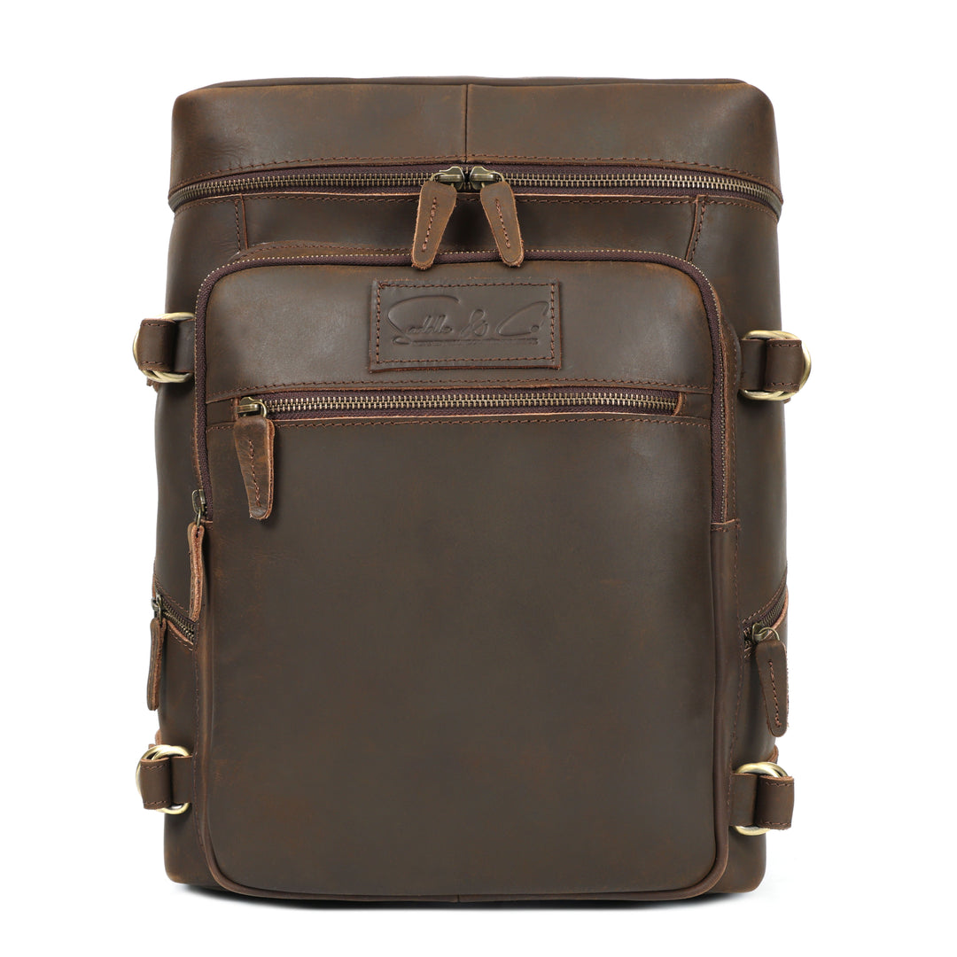 Brown leather backpack with gold accents on a white background