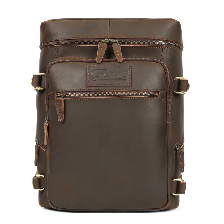 Brown leather backpack with gold accents on a white background