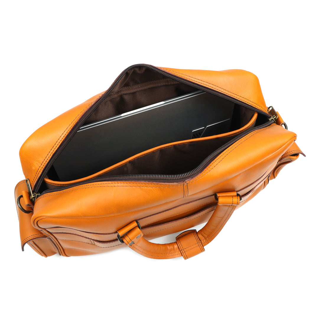 Orange leather briefcase with open lid on a white background