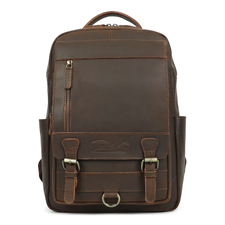 Brown leather backpack with visible brand logo on a white background