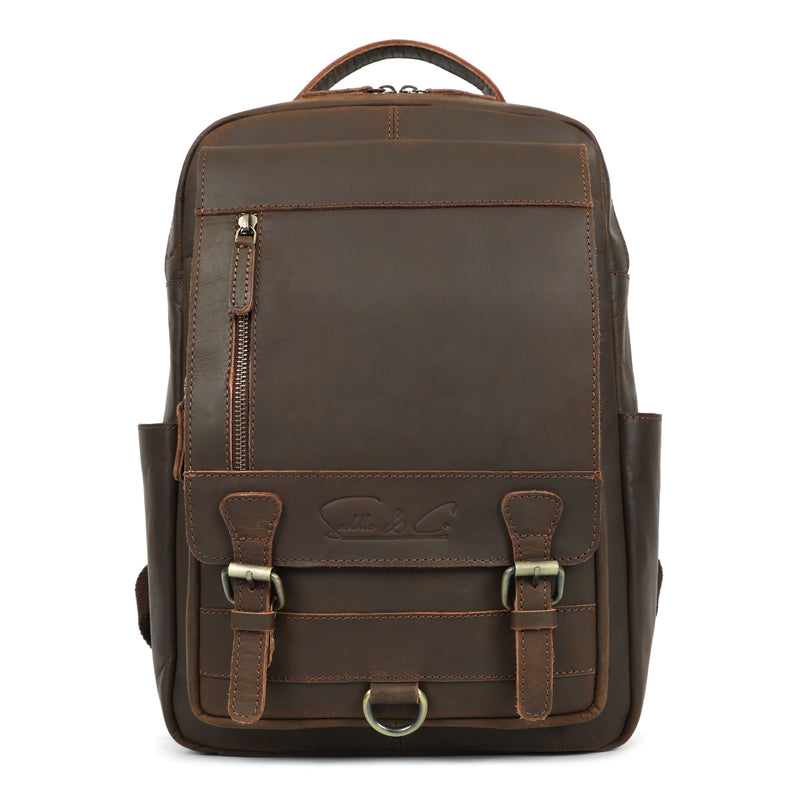 Brown leather backpack with visible brand logo on a white background