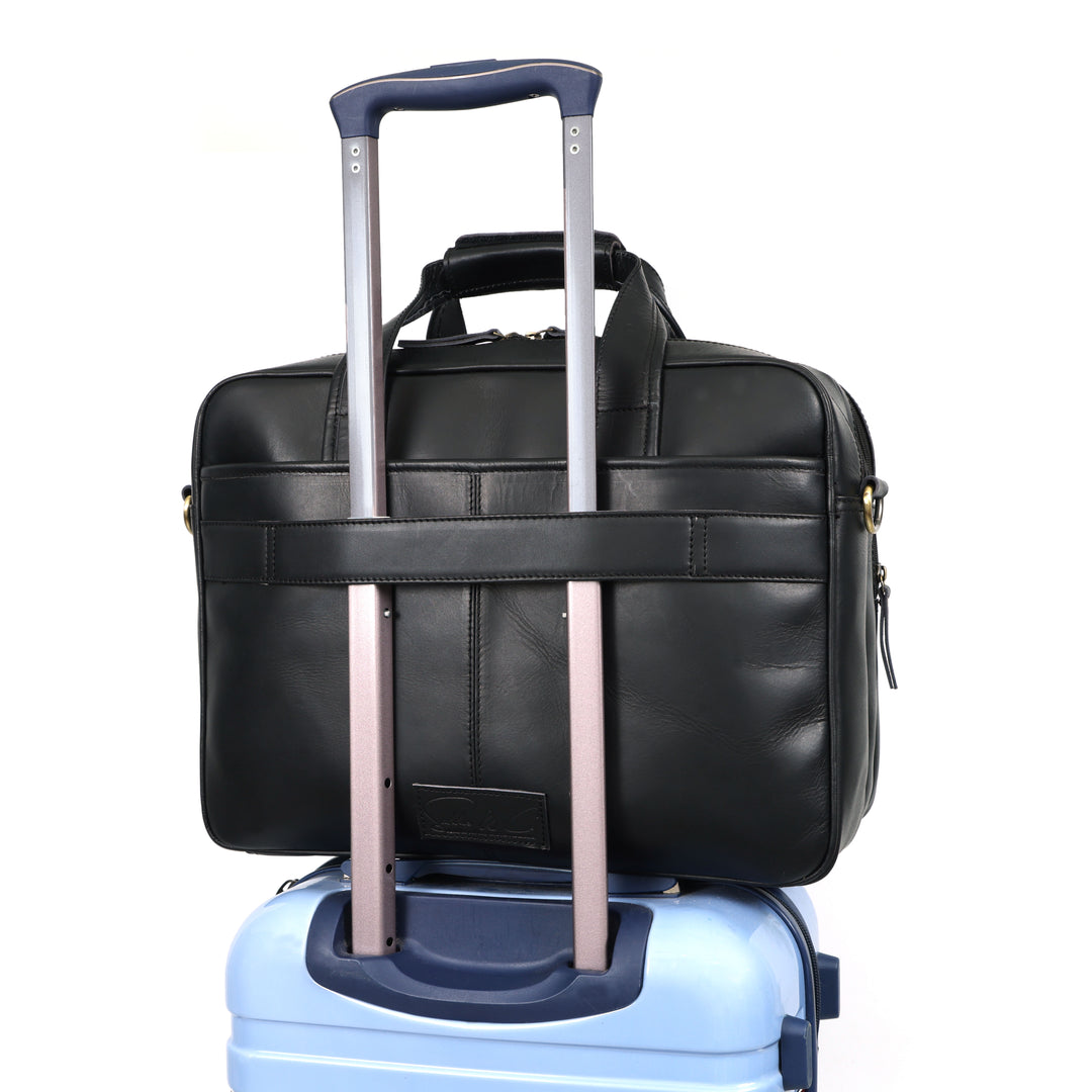 Black leather rolling briefcase on a white background
