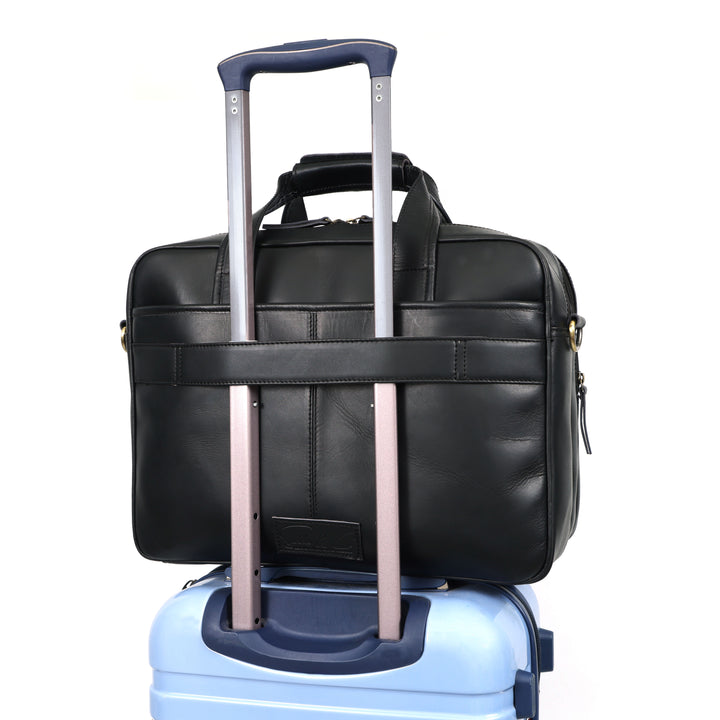 Black leather rolling briefcase on a white background