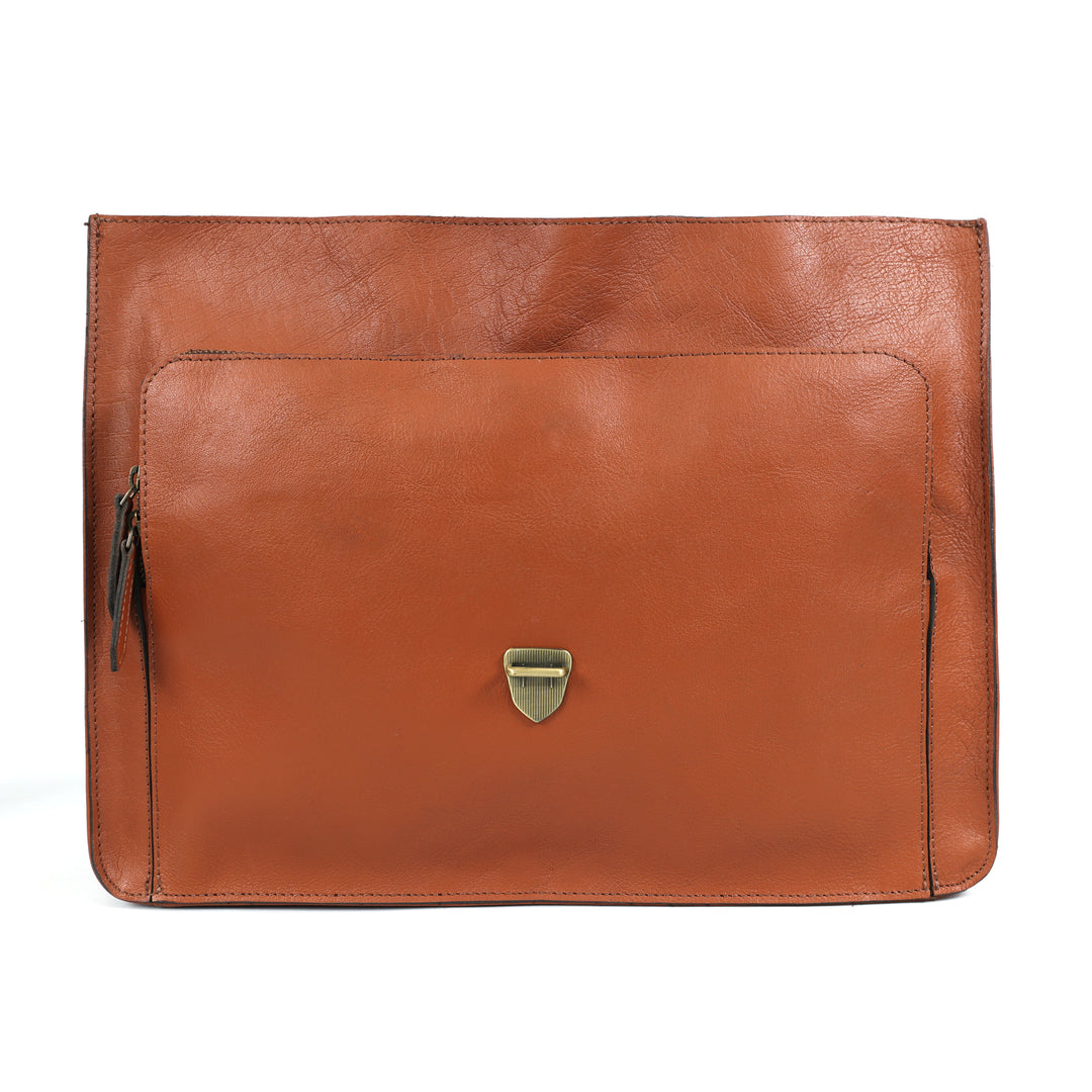 Brown leather pouch with a gold buckle on a white background
