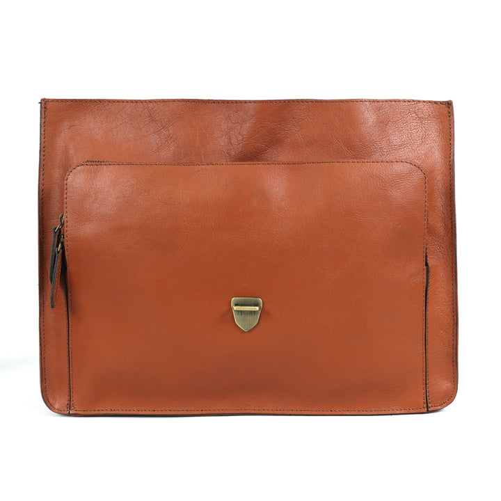 Brown leather pouch with a gold buckle on a white background