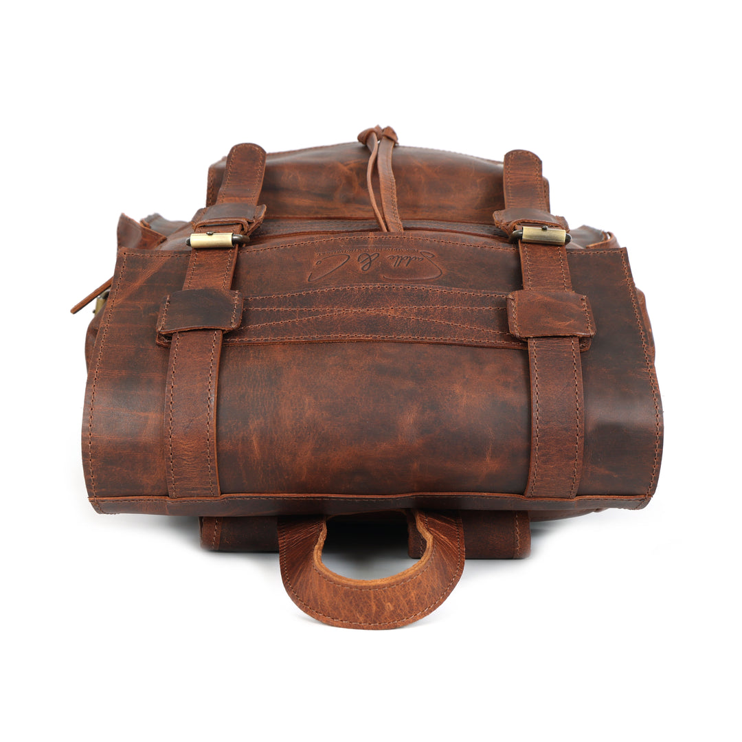 Brown leather bag with straps on a white background