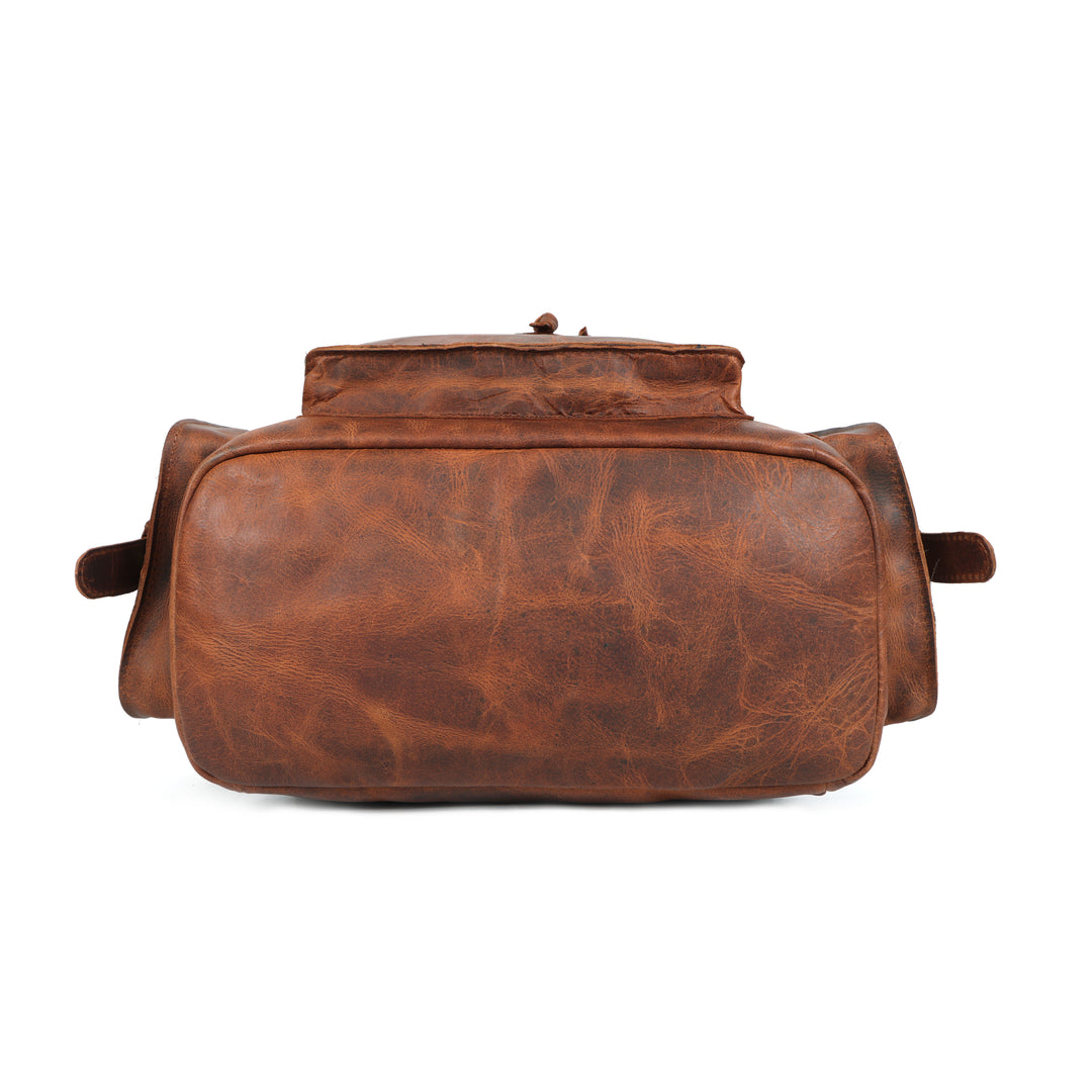 Brown leather duffel bag on a white background