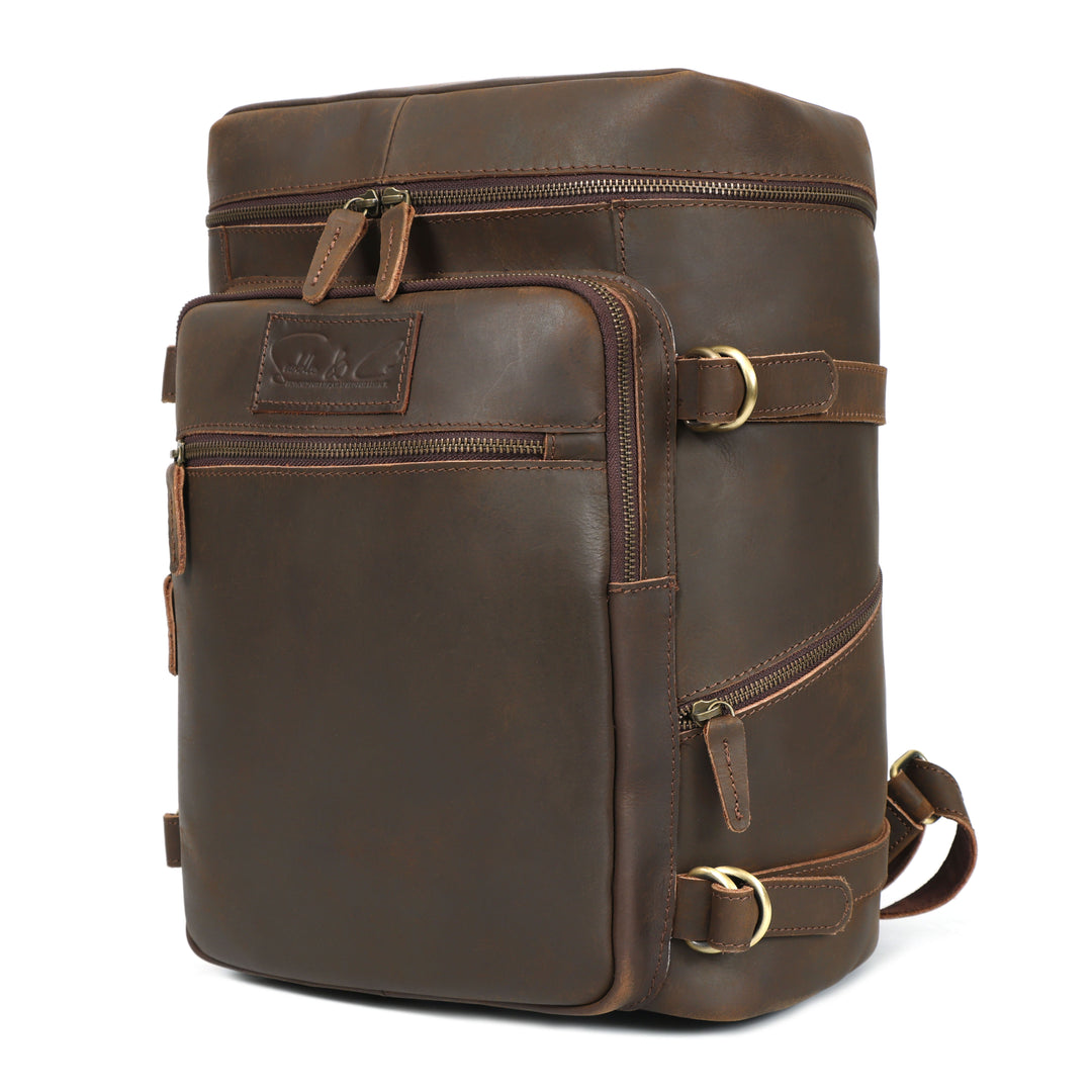 Brown leather backpack on a white background
