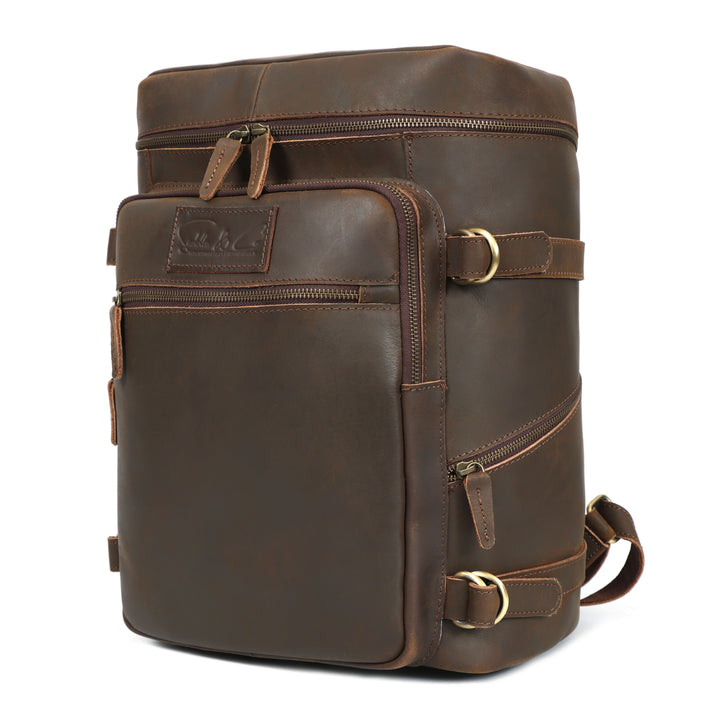 Brown leather backpack on a white background