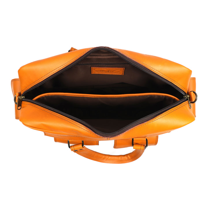 Orange leather bag with open front compartment on a white background
