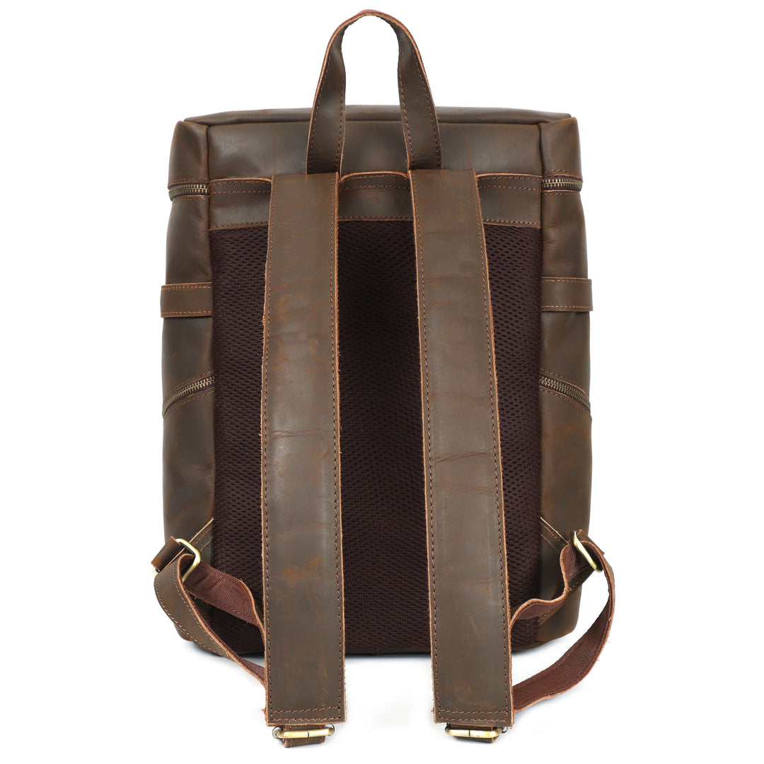 Brown leather backpack with visible stitching on a white background