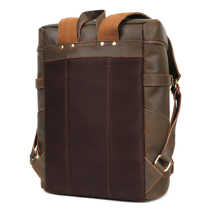 Brown leather backpack with brown straps on a white background