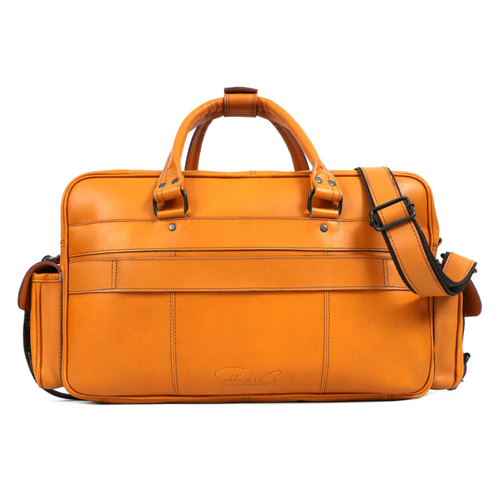 Orange leather briefcase with shoulder strap on a white background