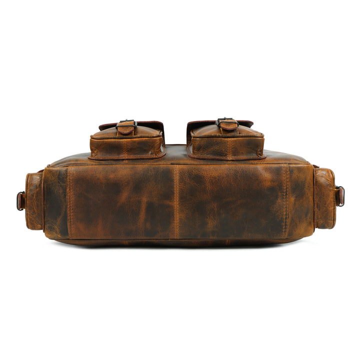 Brown leather bag with two handles on a white background