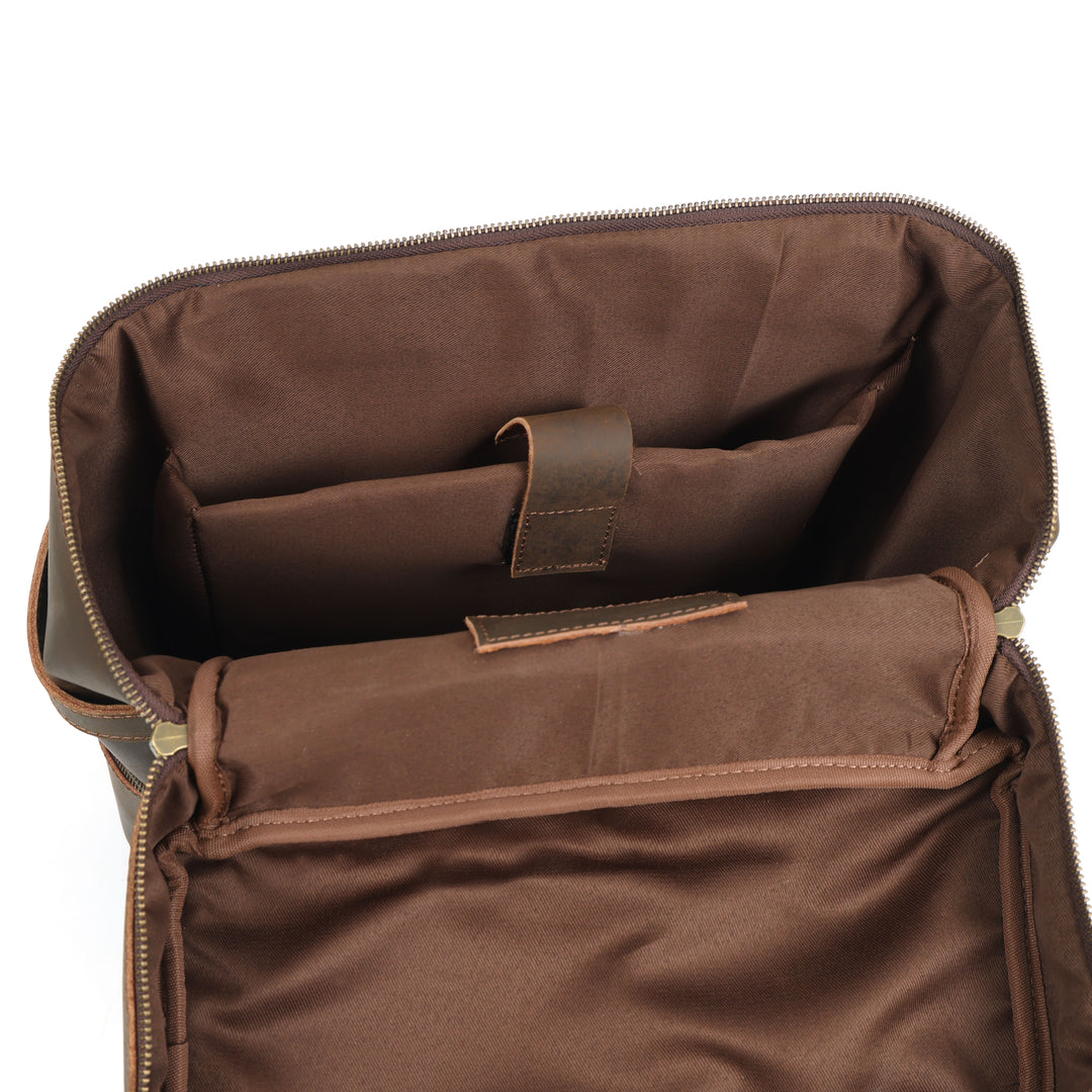 Brown leather bag with open top on a white background