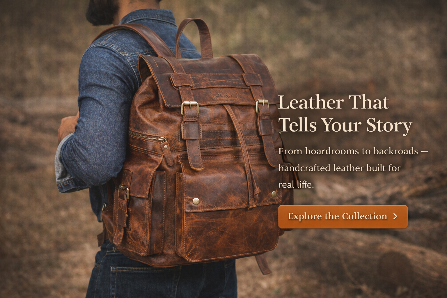 Person wearing a brown leather backpack with promotional text about the craftsmanship of the leather.